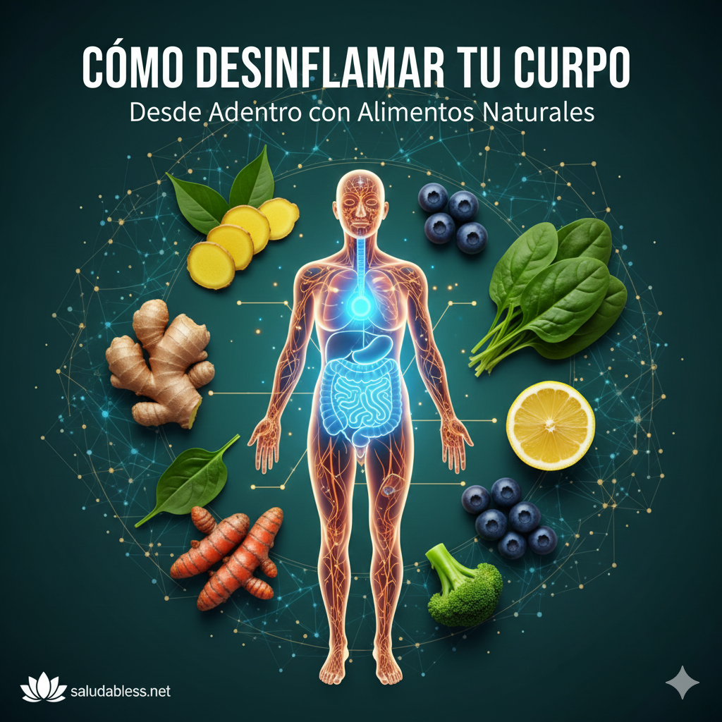 Mesa llena de diversos alimentos antiinflamatorios y naturales como frutas, verduras de hoja verde y especias, que ayudan a desinflamar el cuerpo internamente.