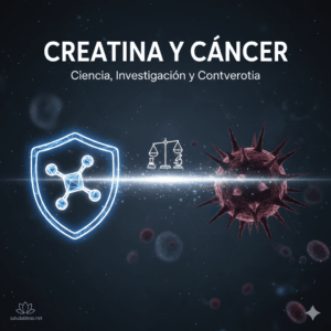 Creatina y células cancerosas bajo investigación microscópica, simbolizando el estudio de la suplementación en relación con el cáncer.