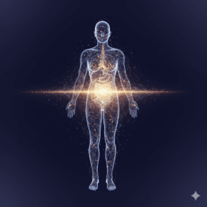Gráfico suave y minimalista del cuerpo humano en color azul claro con una línea horizontal brillante de luz dorada en la zona abdominal y puntos luminosos que representan regeneración celular y energía interior.