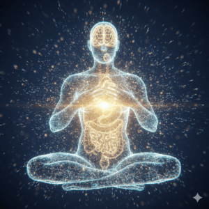 Figura etérea meditando con órganos internos resplandecientes, simbolizando la regeneración y la energía vital que fluye desde el interior del cuerpo