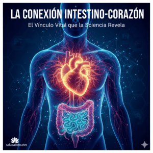 Ilustración de un intestino y un corazón conectados por venas o energía, representando la conexión directa entre la microbiota intestinal y la salud cardíaca.