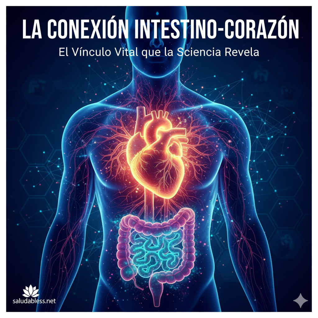 Ilustración de un intestino y un corazón conectados por venas o energía, representando la conexión directa entre la microbiota intestinal y la salud cardíaca.