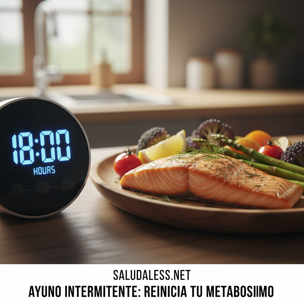 Reloj digital marcando 18 horas de ayuno junto a un plato de salmón a la plancha con brócoli, espárragos y limón. Guía de Ayuno Intermitente del Dr. Jamnadas.