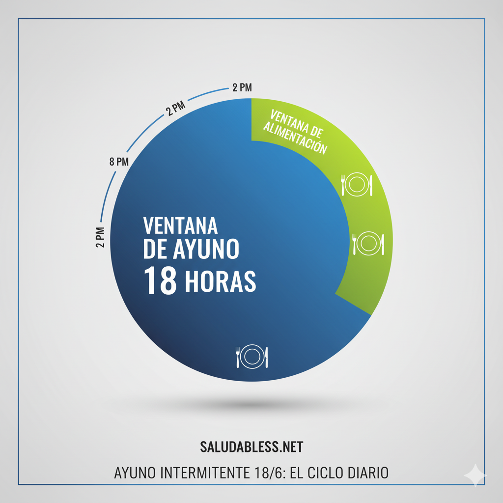Gráfico circular que muestra el Ayuno Intermitente 18:6, destacando 18 horas de ayuno (Ventana de Ayuno) y 6 horas de ingesta (Ventana de Alimentación).