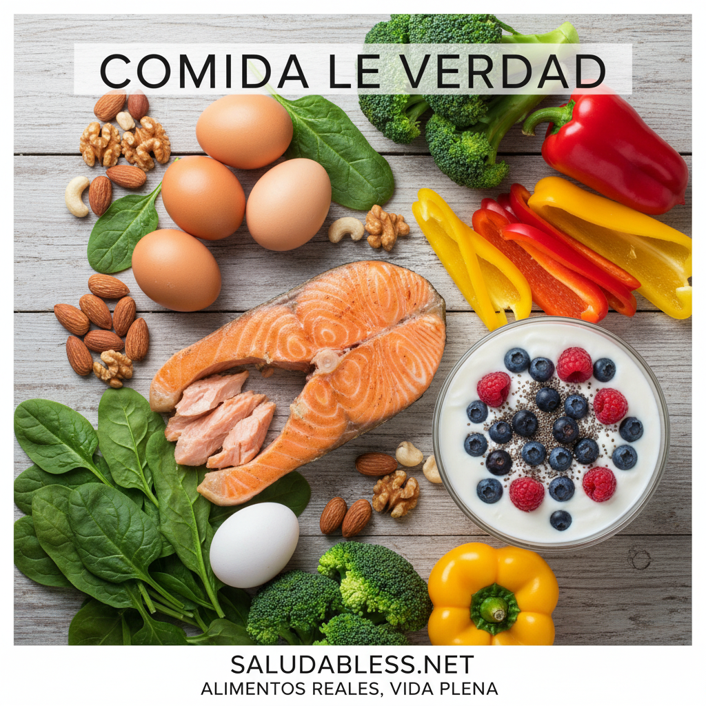 Collage de alimentos reales y frescos: huevos, nueces, salmón, brócoli, espinacas, pimientos, kéfir y frutas del bosque. Ejemplos de alimentos que no rompen la cetosis.