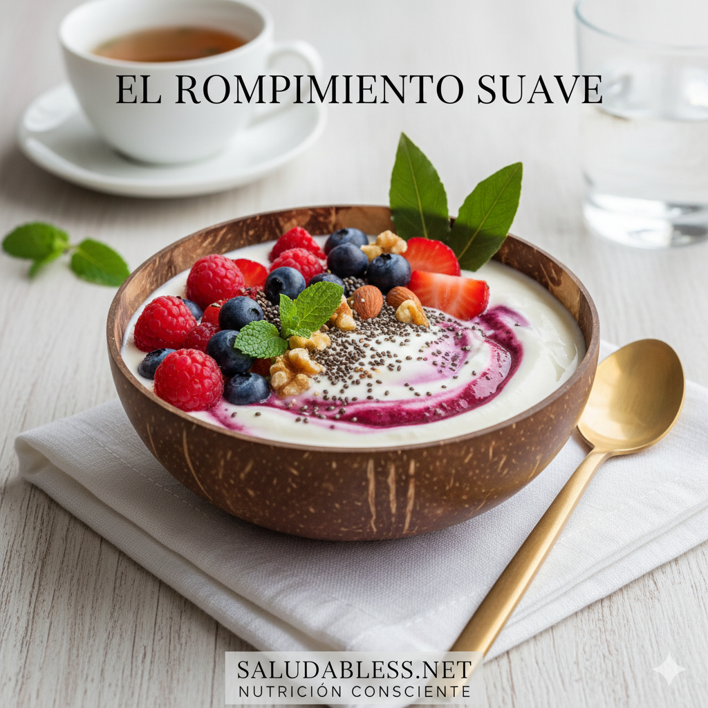 Tazón de smoothie bowl de kéfir, arándanos, frambuesas y semillas de chía, representando la forma suave y recomendada de romper el ayuno.