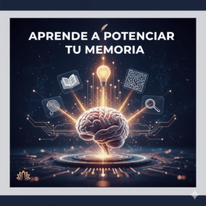 Representación visual de un cerebro humano conectado con puntos de luz y redes neuronales, simbolizando el aprendizaje y el potencial de la memoria.