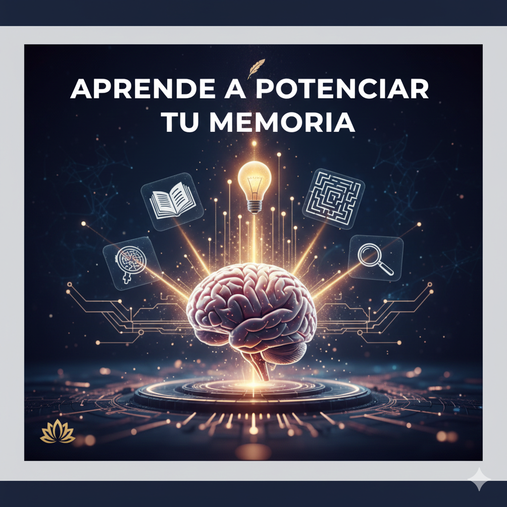 Representación visual de un cerebro humano conectado con puntos de luz y redes neuronales, simbolizando el aprendizaje y el potencial de la memoria.