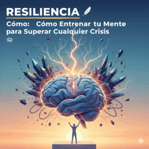 Cerebro humano irradiando energía sobre una figura de persona exitosa, representando la resiliencia y la capacidad de superar una crisis