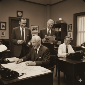 Hombres mayores participando en el estudio Counterclockwise de Ellen Langer en una oficina ambientada en 1959.