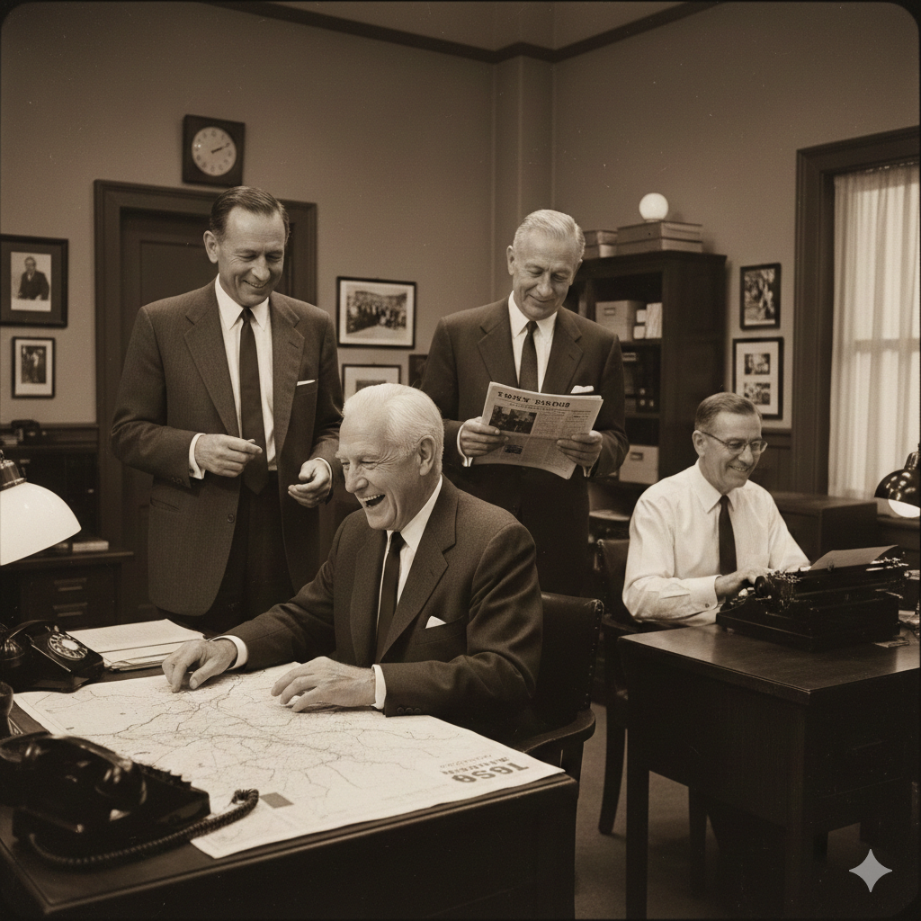 Hombres mayores participando en el estudio Counterclockwise de Ellen Langer en una oficina ambientada en 1959.