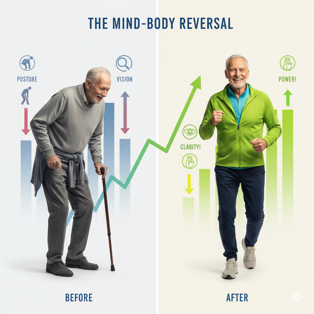 Infografía comparativa del antes y después del estudio Counterclockwise mostrando mejoras en postura, visión y vitalidad física.