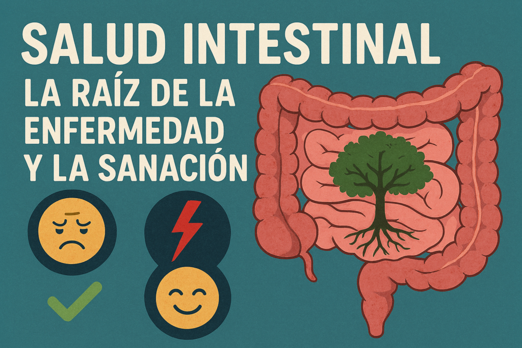 Ilustración educativa sobre salud intestinal con intestinos, raíces y brotes verdes que simbolizan enfermedad y sanación.