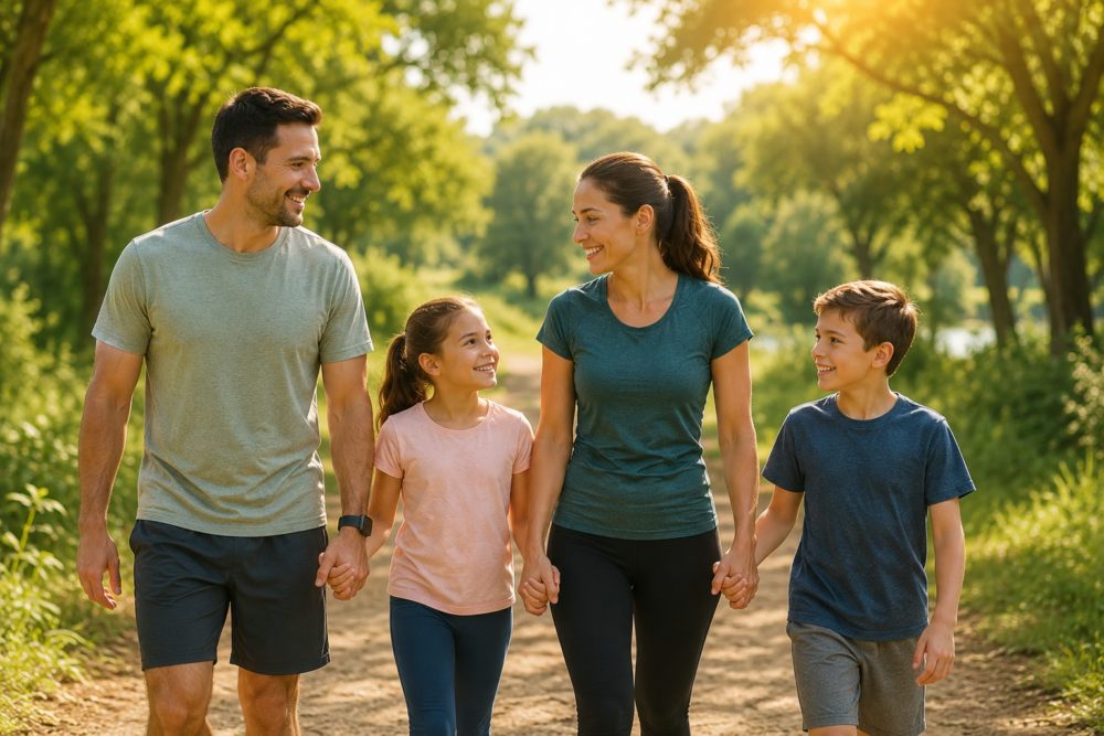 Familia caminando en la naturaleza promoviendo salud preventiva y hábitos saludables