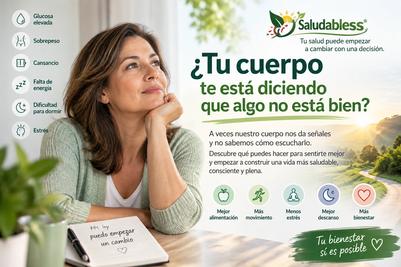 Mujer reflexionando sobre señales de su cuerpo y bienestar